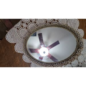 VTG Hollywood Regency Oval Filigree Mirror Vanity Tray 6.5 x 11./4" Gold